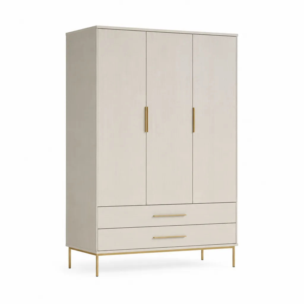 Armadio guardaroba 3 ante con 2 cassetti in MDF crema e oro 120 x 52 x 190 cm