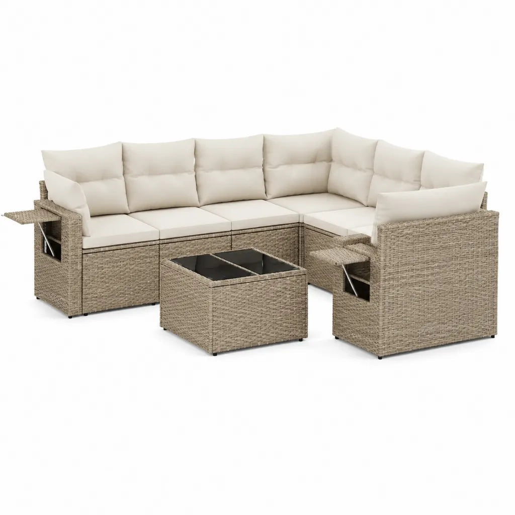 Set salotto da giardino angolare 4 posti con tavolino in rattan PE beige e cuscini color crema 220 x 220 cm