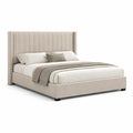 Letto matrimoniale imbottito 160 x 200 cm in velluto di poliestere beige con testiera alta scanalata
