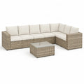 Set divano angolare da giardino 5 posti con tavolino 290 x 220 cm in rattan PE beige con cuscini color avorio