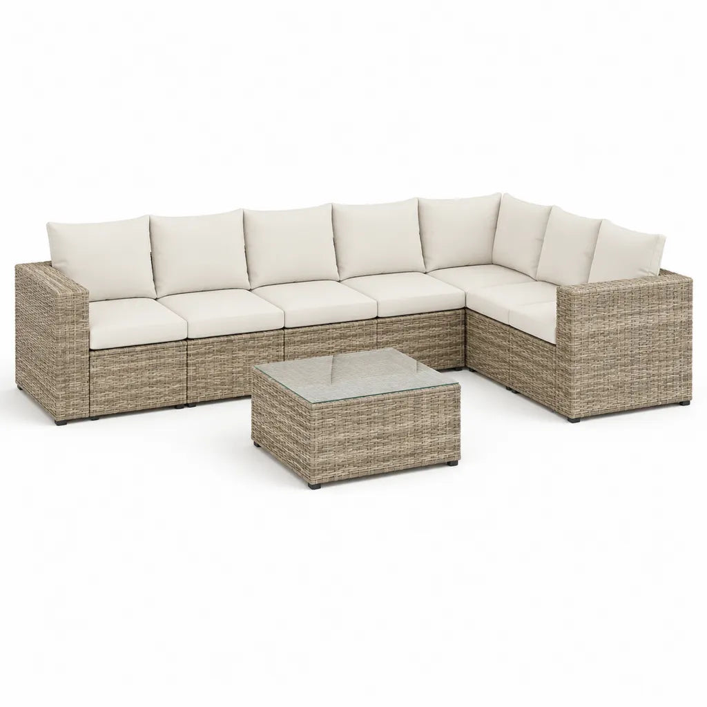 Set divano angolare da giardino 5 posti con tavolino 290 x 220 cm in rattan PE beige con cuscini color avorio