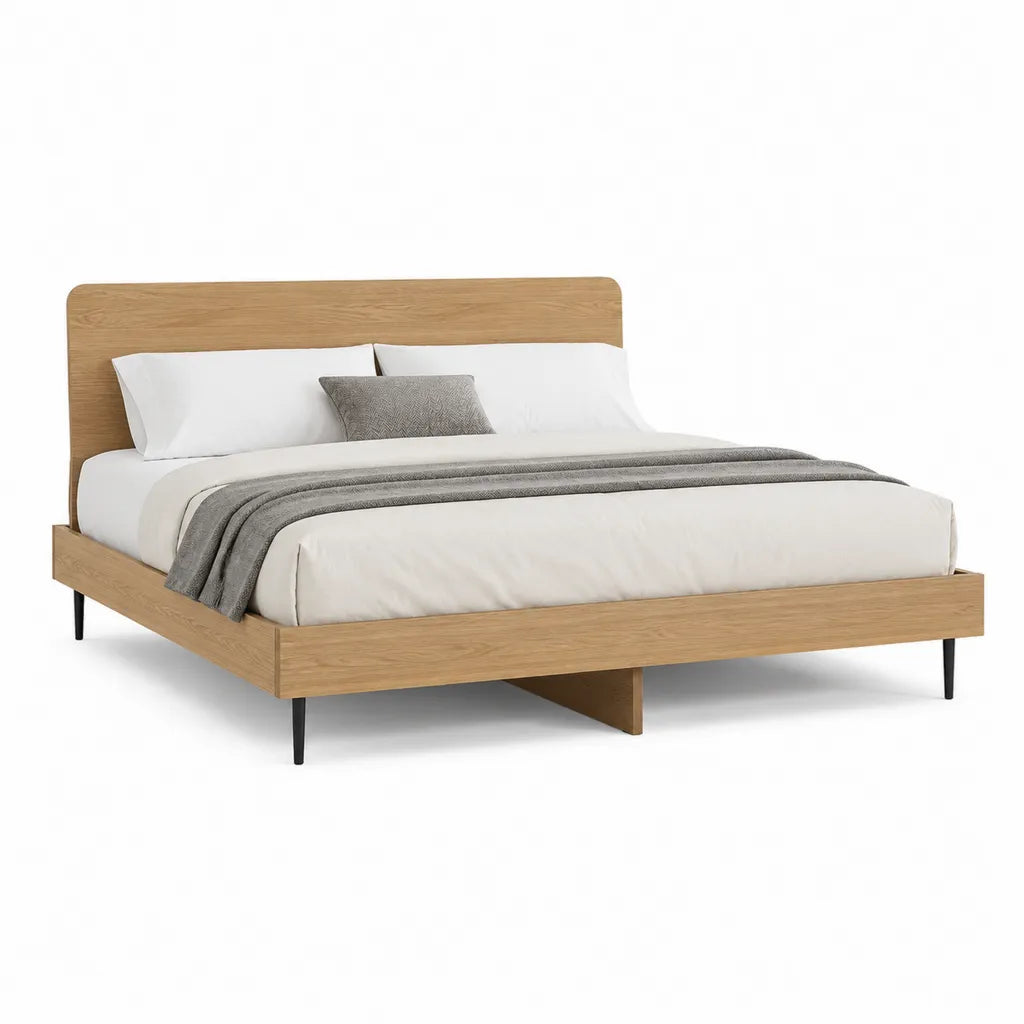 Letto matrimoniale con struttura rettangolare in MDF impiallacciato rovere naturale 160 x 200 cm