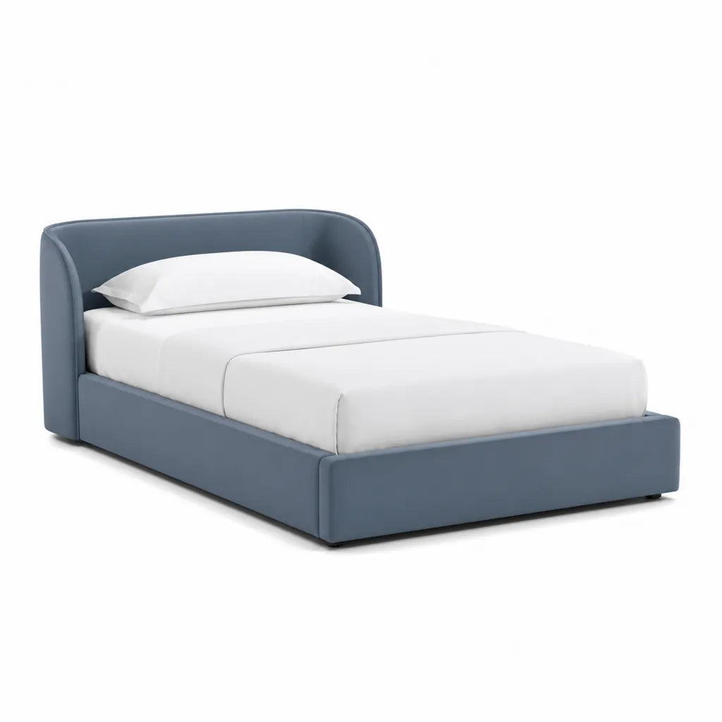 Letto matrimoniale imbottito 160 x 200 cm con testiera curva in poliestere blu grigio