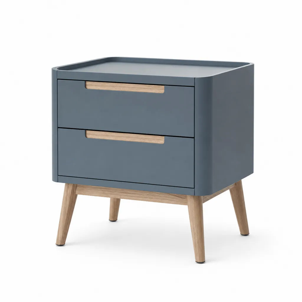Comodino 2 cassetti rettangolare in MDF e legno massello blu grigio 60 x 40 x 60 cm