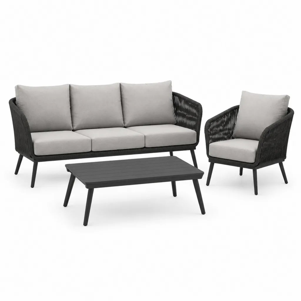 Set salotto da giardino 3 pezzi con divano 3 posti poltrona e tavolino in acciaio e corda PE nero grigio 200 x 80 x 78 cm