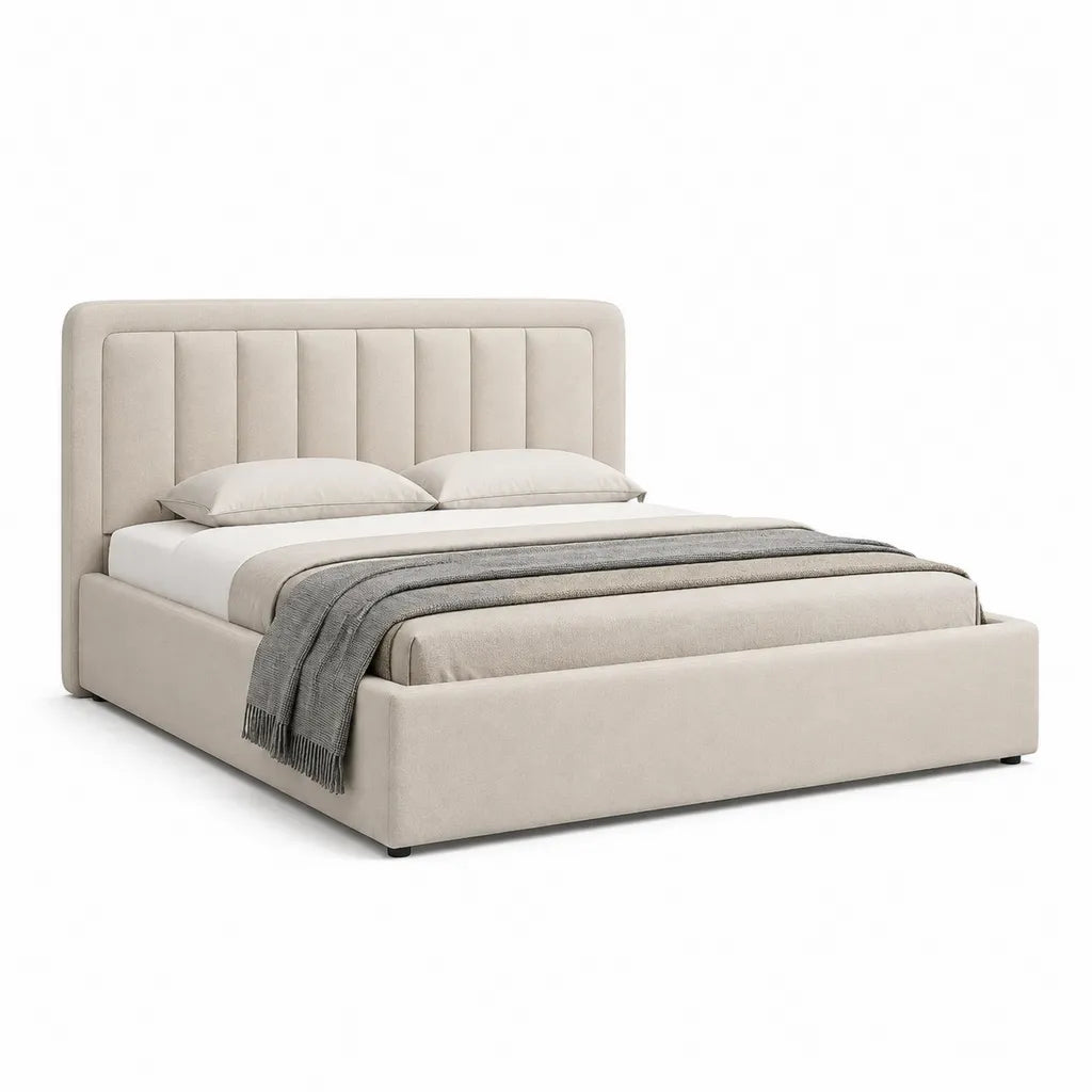 Letto matrimoniale imbottito 160 x 200 cm in poliestere beige con testiera rettangolare