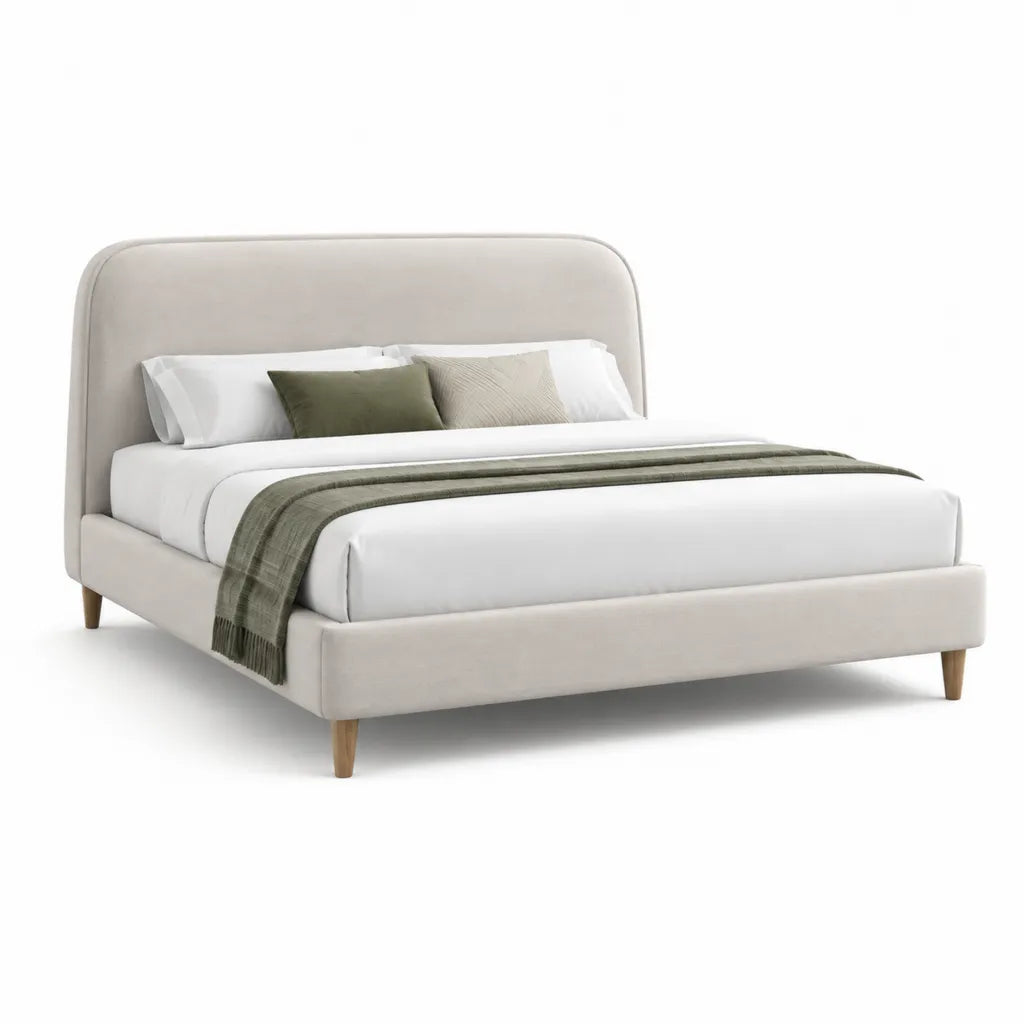 Letto matrimoniale imbottito 160 x 200 cm in poliestere beige con testiera arrotondata e piedi in legno massello