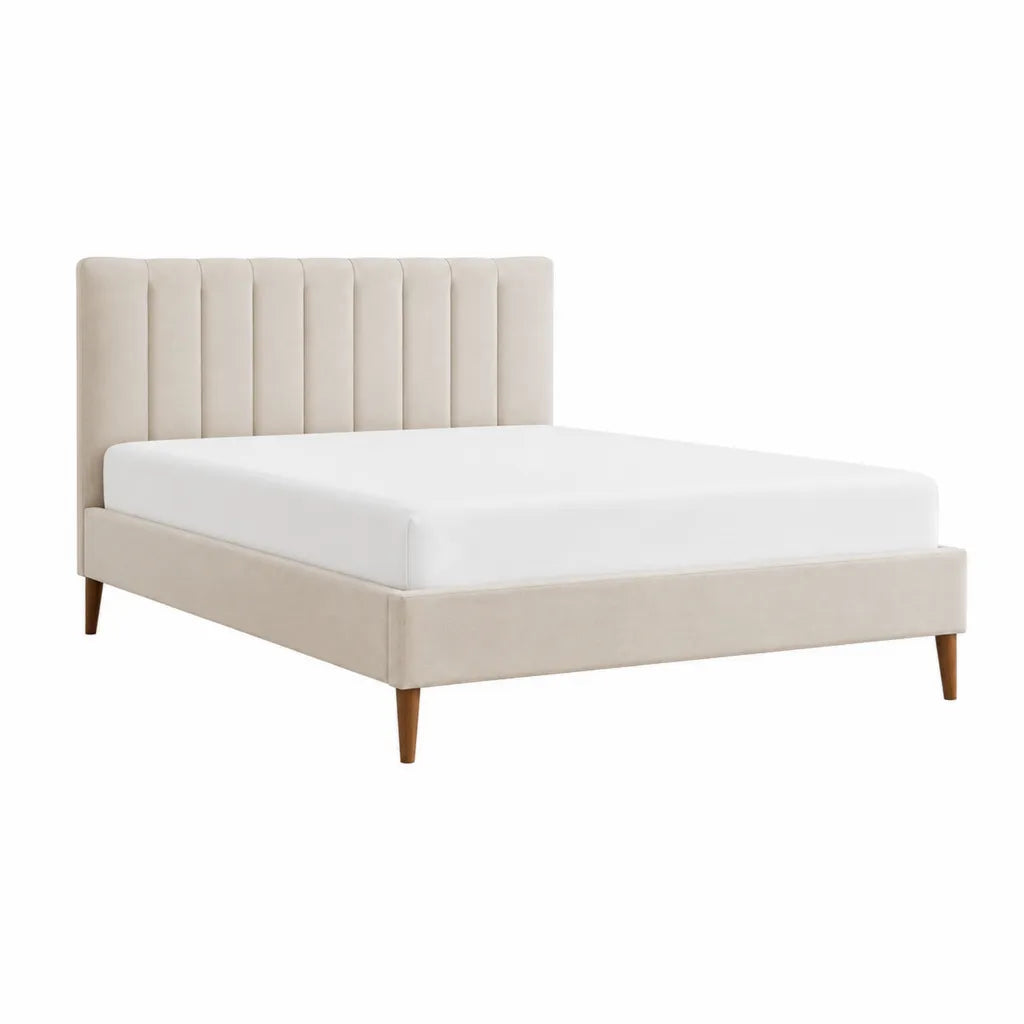 Letto matrimoniale imbottito 160 x 200 cm in poliestere beige con testiera alta e gambe in legno massello