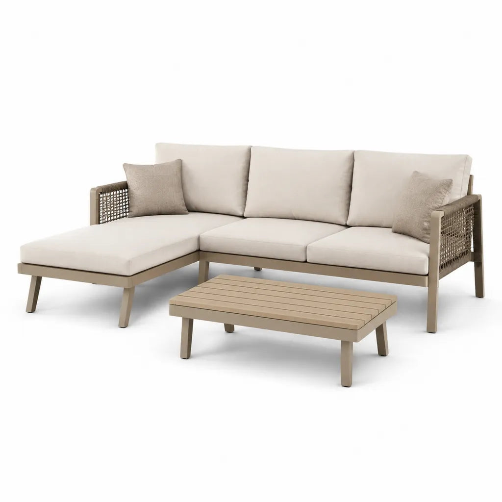 Set divano da giardino angolare 4 posti con chaise longue e tavolino in alluminio beige 250 x 160 x 76 cm