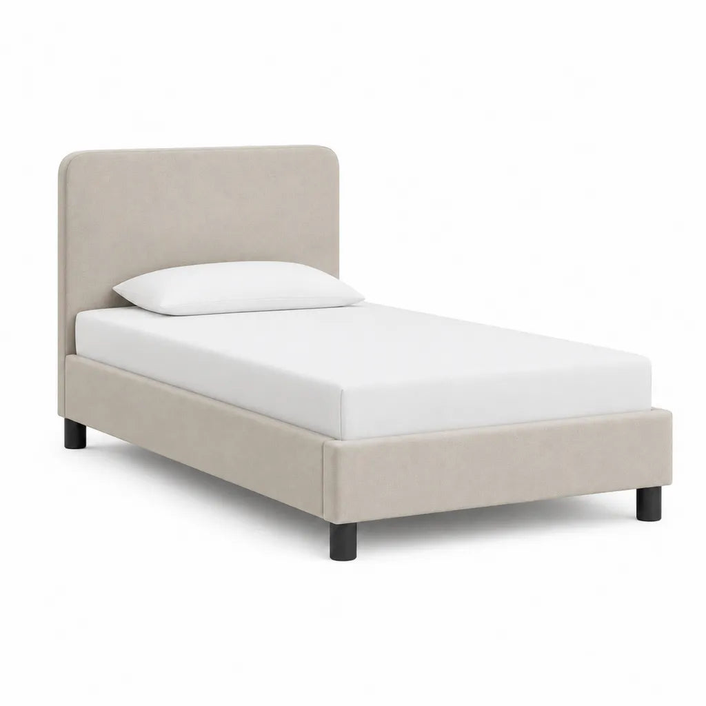 Letto singolo imbottito 90 x 200 cm in poliestere beige con testiera arrotondata
