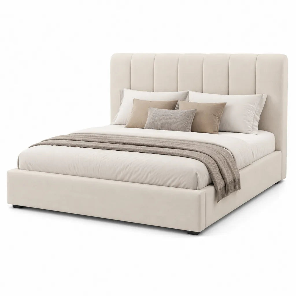 Letto matrimoniale imbottito rettangolare 160 x 200 cm in poliestere beige con testiera alta