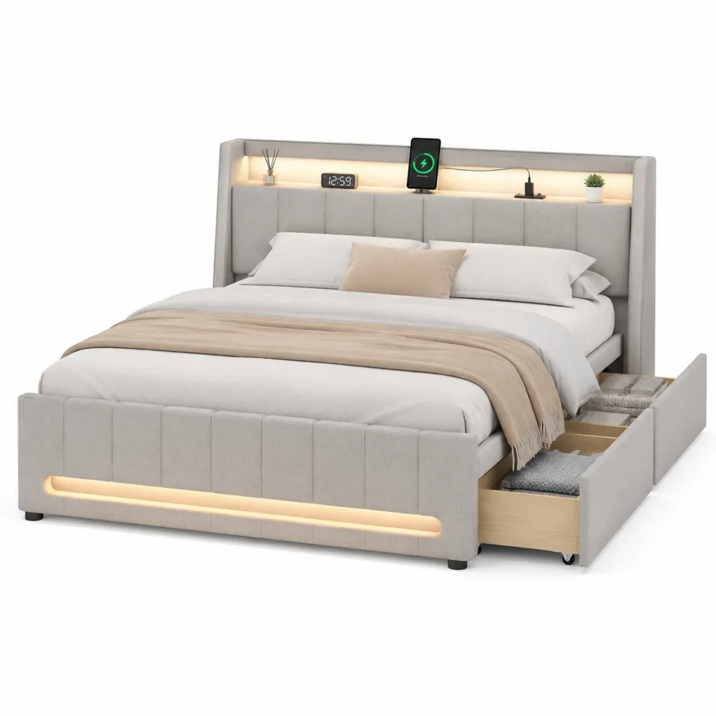 Letto matrimoniale 160 x 200 cm rettangolare imbottito in poliestere grigio chiaro con 2 cassetti LED e ricarica wireless