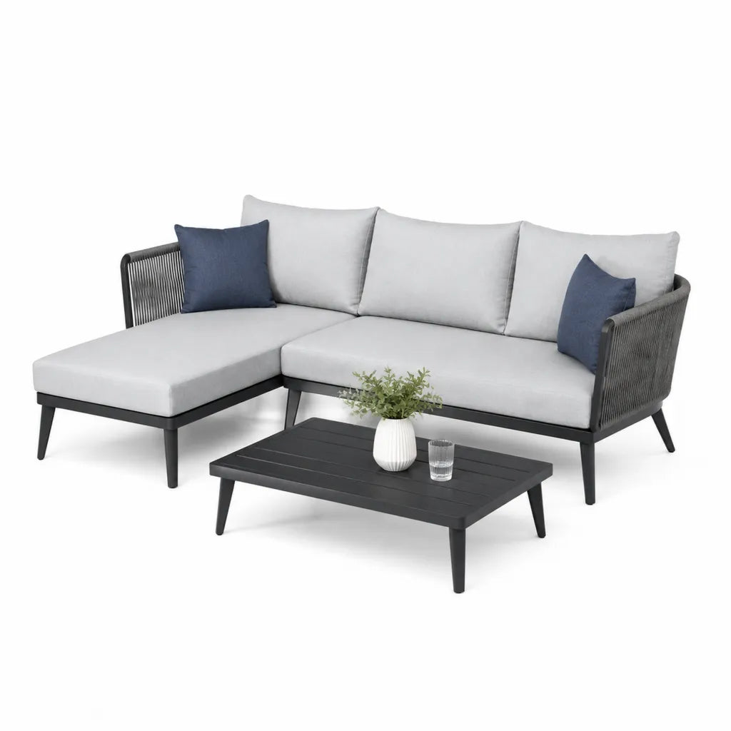 Set divano da giardino angolare 3 posti con tavolino 220 x 150 x 70 cm in alluminio grigio chiaro e nero