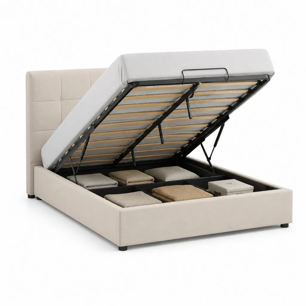 Letto contenitore matrimoniale 160 x 200 cm con rete a doghe e rivestimento in poliestere beige