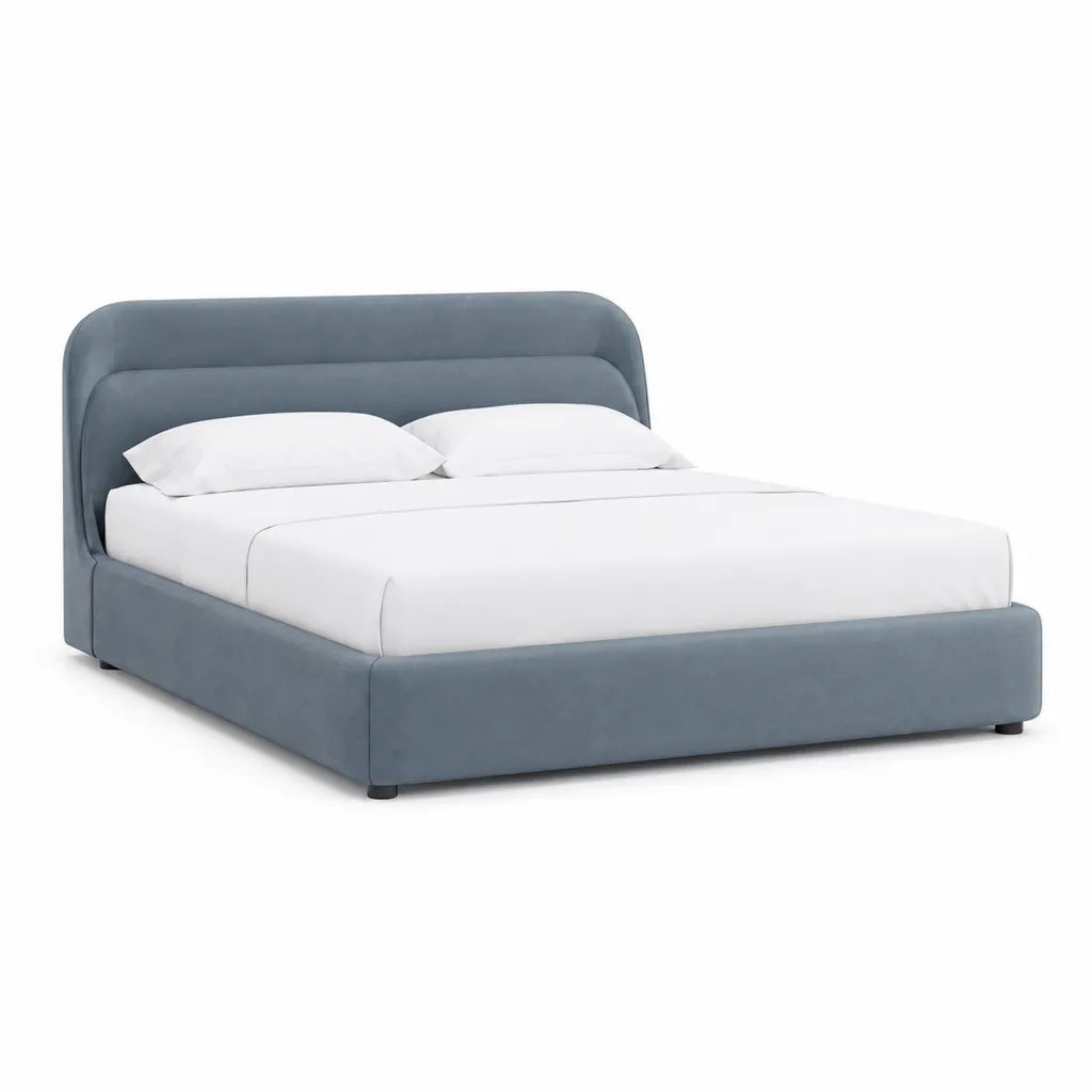 Letto matrimoniale imbottito 160 x 200 cm in poliestere effetto velluto blu grigio con testiera arrotondata
