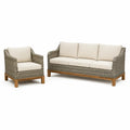 Set divano da giardino 3 posti e poltrona rettangolare in rattan PE e legno massello di acacia beige 200 x 85 x 82 cm e 85 x 85 x 82 cm