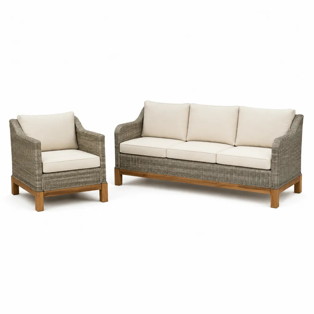 Set divano da giardino 3 posti e poltrona rettangolare in rattan PE e legno massello di acacia beige 200 x 85 x 82 cm e 85 x 85 x 82 cm