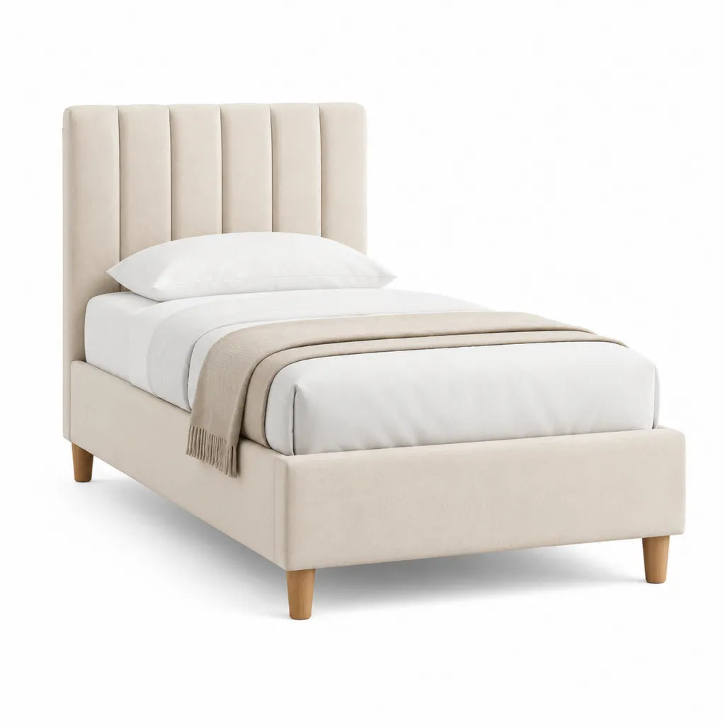 Letto singolo imbottito con testiera a pannelli in poliestere crema 90 x 190 cm