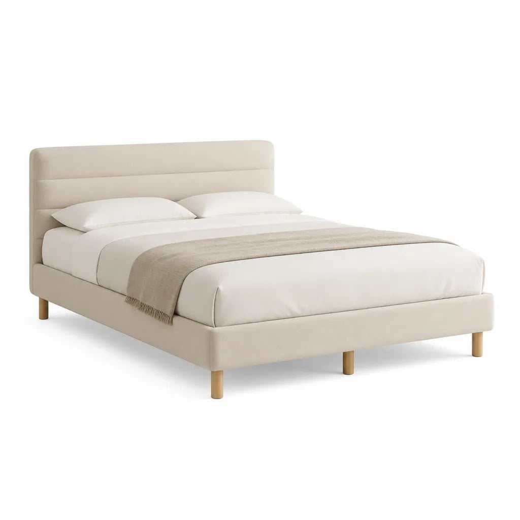 Letto matrimoniale imbottito 160 x 200 cm in poliestere beige con testiera rettangolare