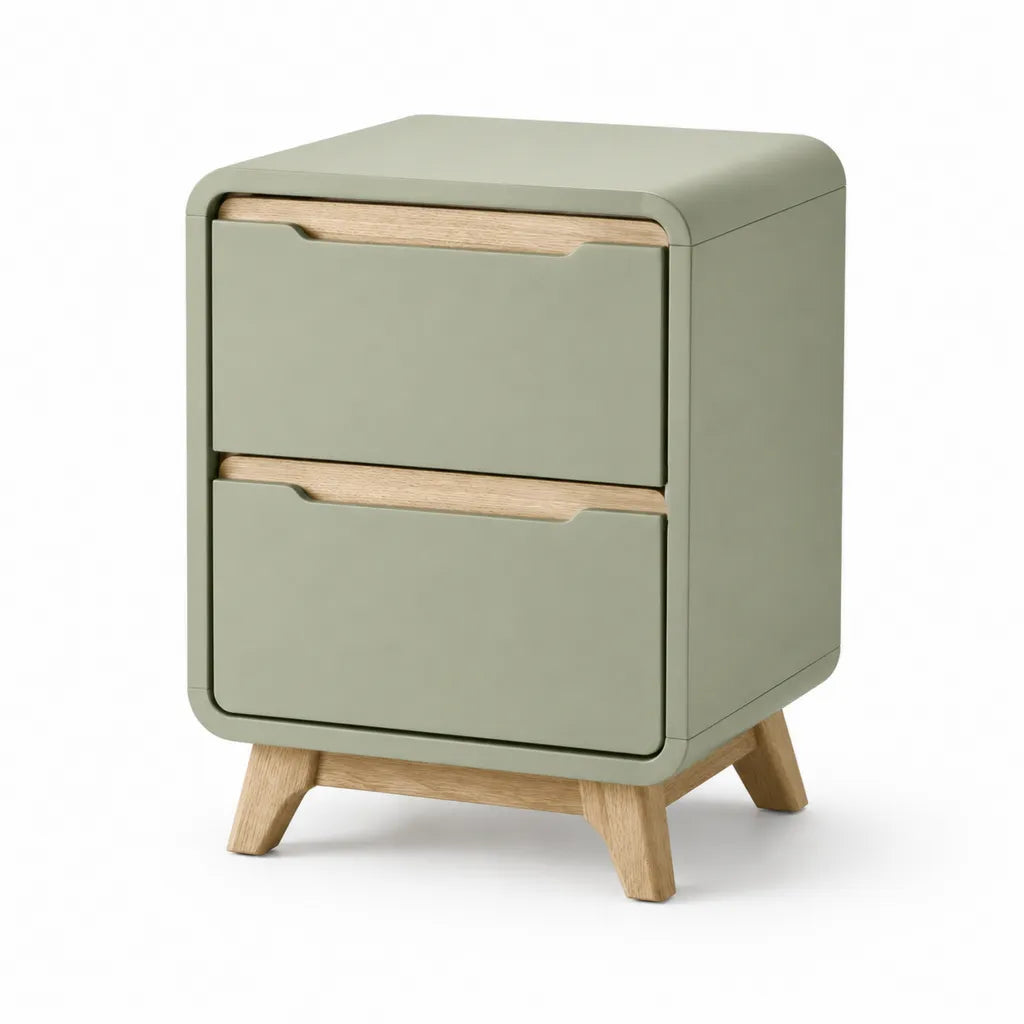 Comodino 2 cassetti in MDF verde salvia con gambe in legno 40 x 35 x 55 cm