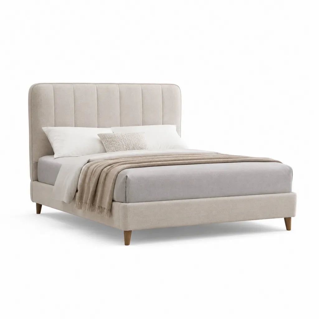 Struttura letto matrimoniale imbottita rettangolare 160 x 200 cm in poliestere beige con testiera alta