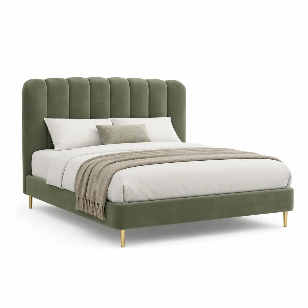 Letto matrimoniale imbottito 160 x 200 cm in velluto di poliestere verde oliva con testiera arrotondata