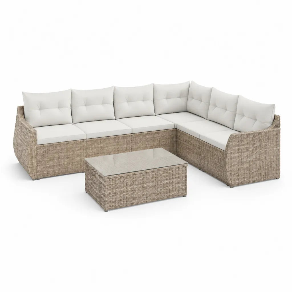 Set salotto da giardino angolare 7 pezzi in rattan PE beige con cuscini crema 245 x 185 x 83 cm
