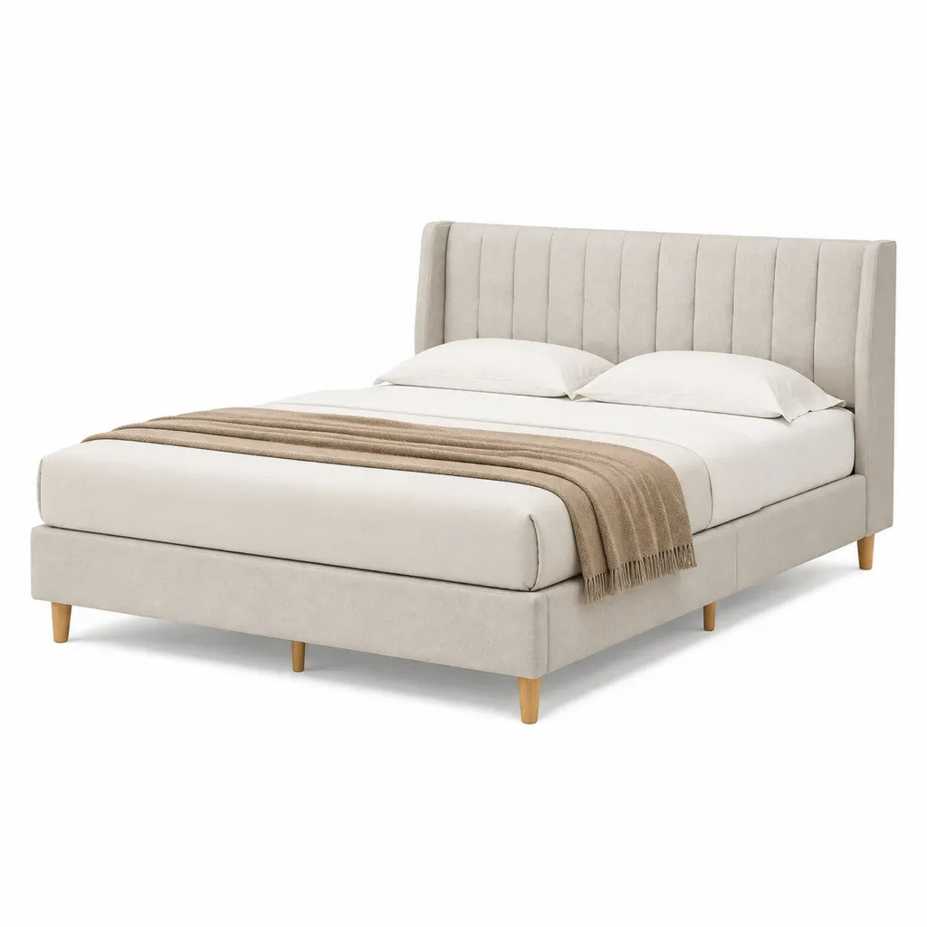 Letto matrimoniale imbottito 160 x 200 cm in poliestere beige con testiera rettangolare