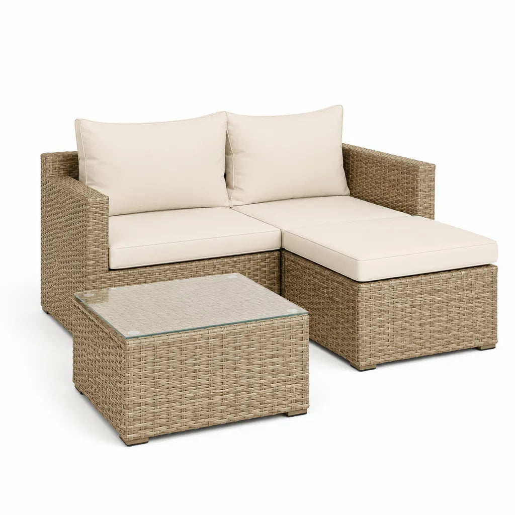 Set divano da giardino angolare 3 pezzi in rattan PE beige tortora con tavolino 210 x 140 x 65 cm