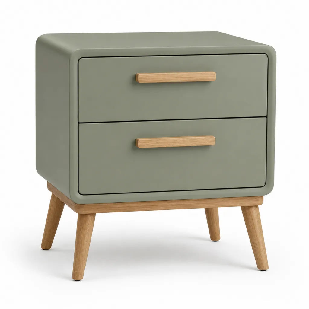 Comodino 2 cassetti in MDF e legno massello verde salvia 50 x 40 x 55 cm