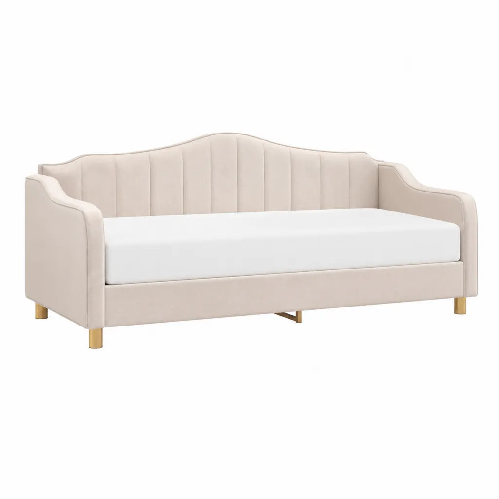 Letto singolo a divano 90 x 200 cm in velluto di poliestere beige con testiera imbottita