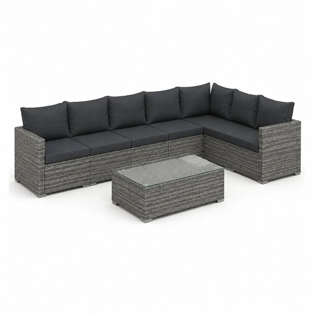 Set divano da giardino angolare 6 posti con tavolino 280 x 210 x 70 cm in polyrattan PE e vetro temperato grigio antracite