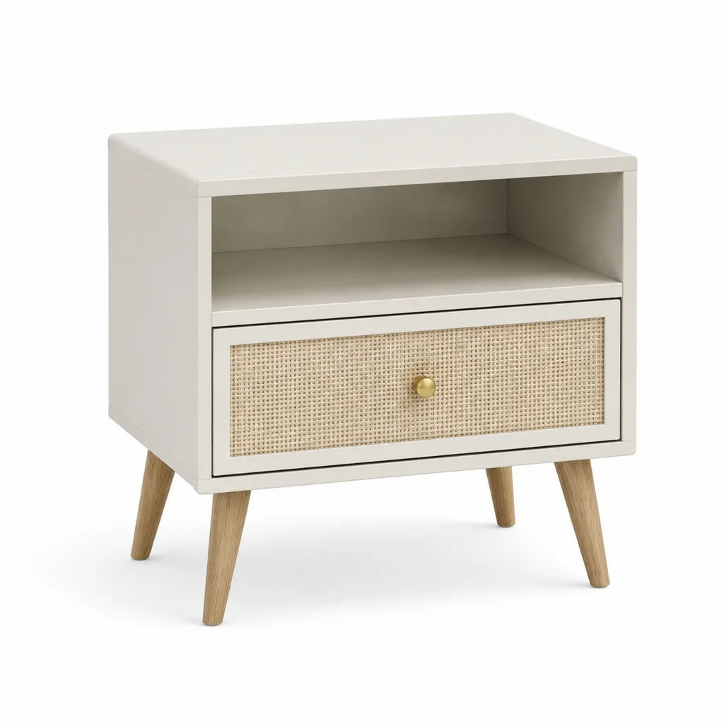 Comodino rettangolare con cassetto e vano aperto in MDF rattan naturale bianco 45 x 40 x 60 cm