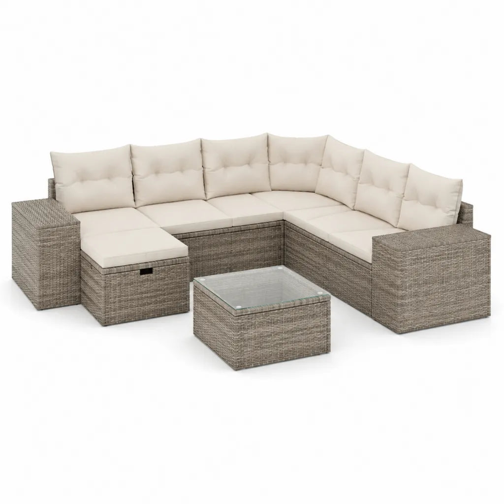 Set divano da giardino angolare 5 posti in rattan PE grigio con cuscini beige 260 x 200 x 65 cm