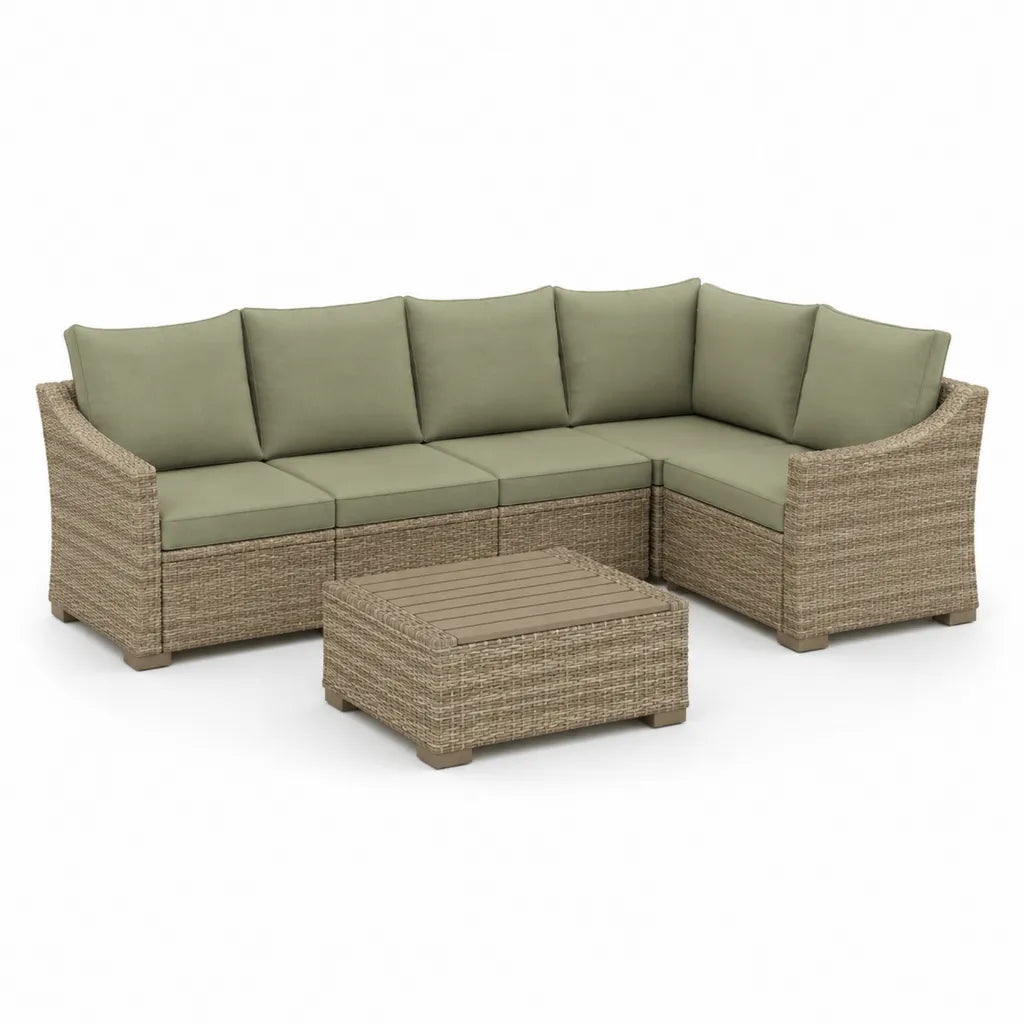 Set divano angolare da giardino 5 posti con tavolino in rattan PE acciaio e poliestere a L beige e verde salvia 240 x 180 x 80 cm