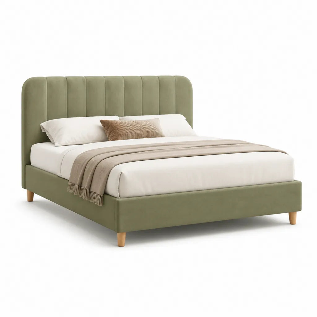 Letto matrimoniale imbottito 160 x 200 cm in velluto di poliestere verde salvia con testiera alta