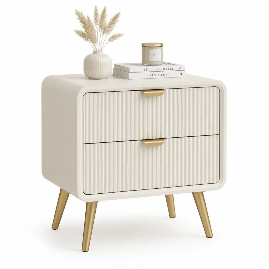 Comodino a 2 cassetti in MDF bianco con gambe dorate 60 x 40 x 60 cm