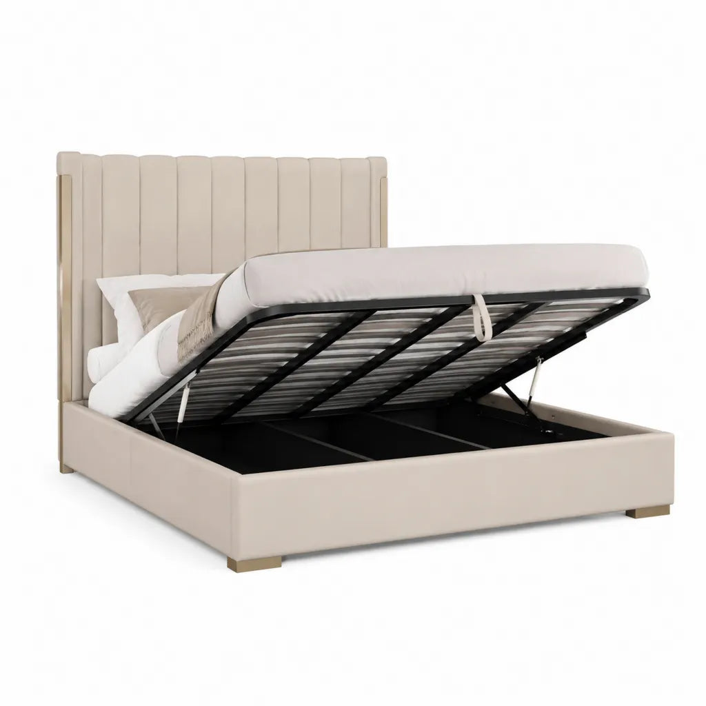Letto contenitore matrimoniale 160 x 200 cm in similpelle PU beige con testiera imbottita rettangolare