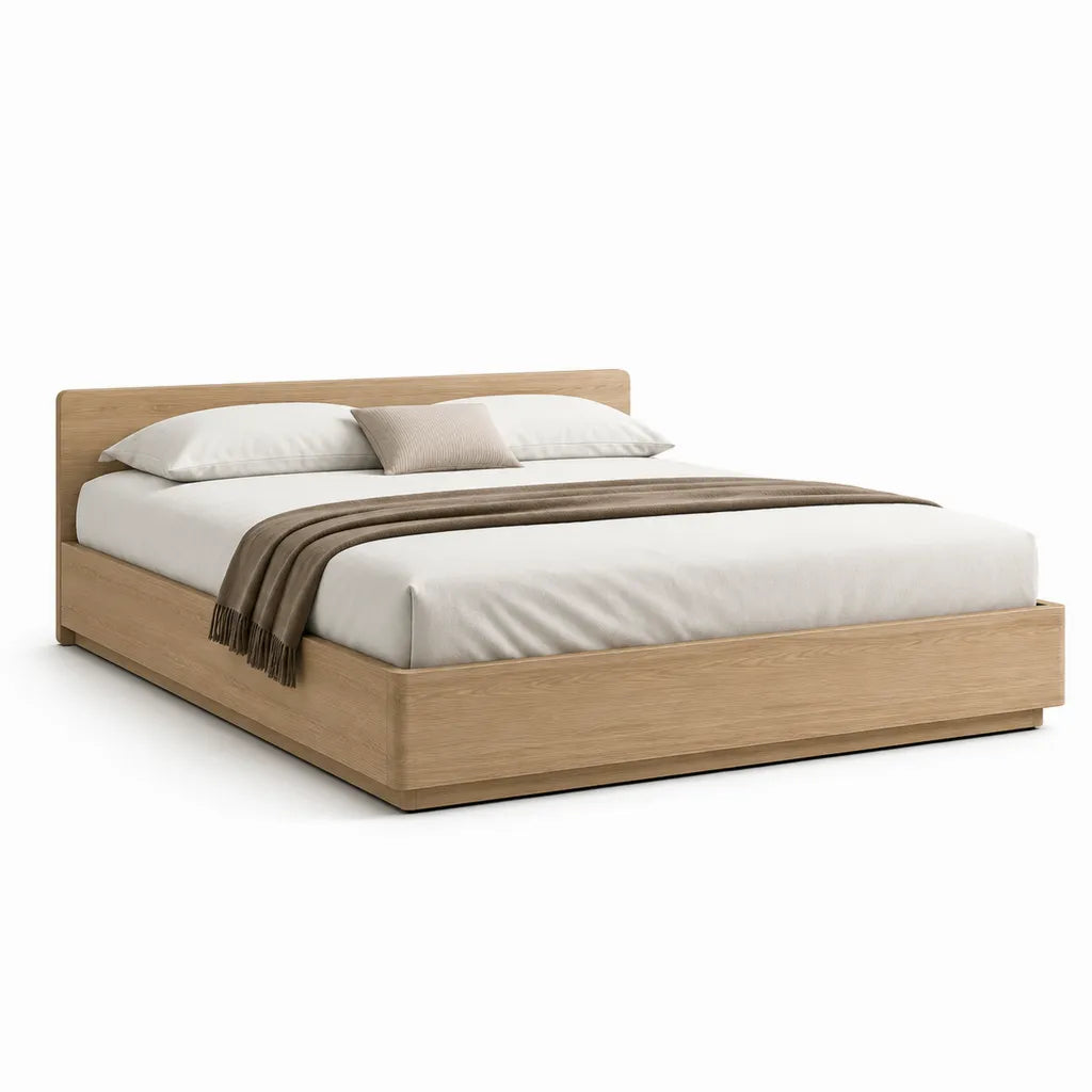 Letto matrimoniale con struttura in MDF effetto rovere e testiera rettangolare 160 x 200 cm naturale