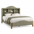 Letto matrimoniale imbottito 160 x 200 cm in poliestere verde salvia con testata arcuata e ripiani integrati