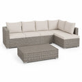 Set divano da giardino angolare 5 posti con tavolino in rattan PE grigio ecru 270 x 200 x 85 cm