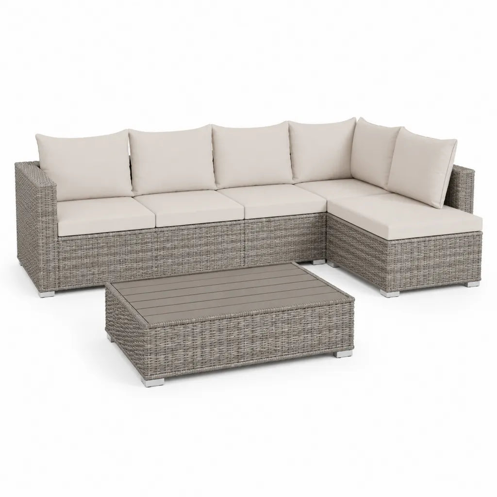 Set divano da giardino angolare 5 posti con tavolino in rattan PE grigio ecru 270 x 200 x 85 cm