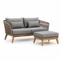 Set divano da giardino 2 posti con pouf rettangolare in legno massello di acacia e corda in PP grigio tortora 150 x 78 x 76 cm pouf 90 x 60 x 39 cm