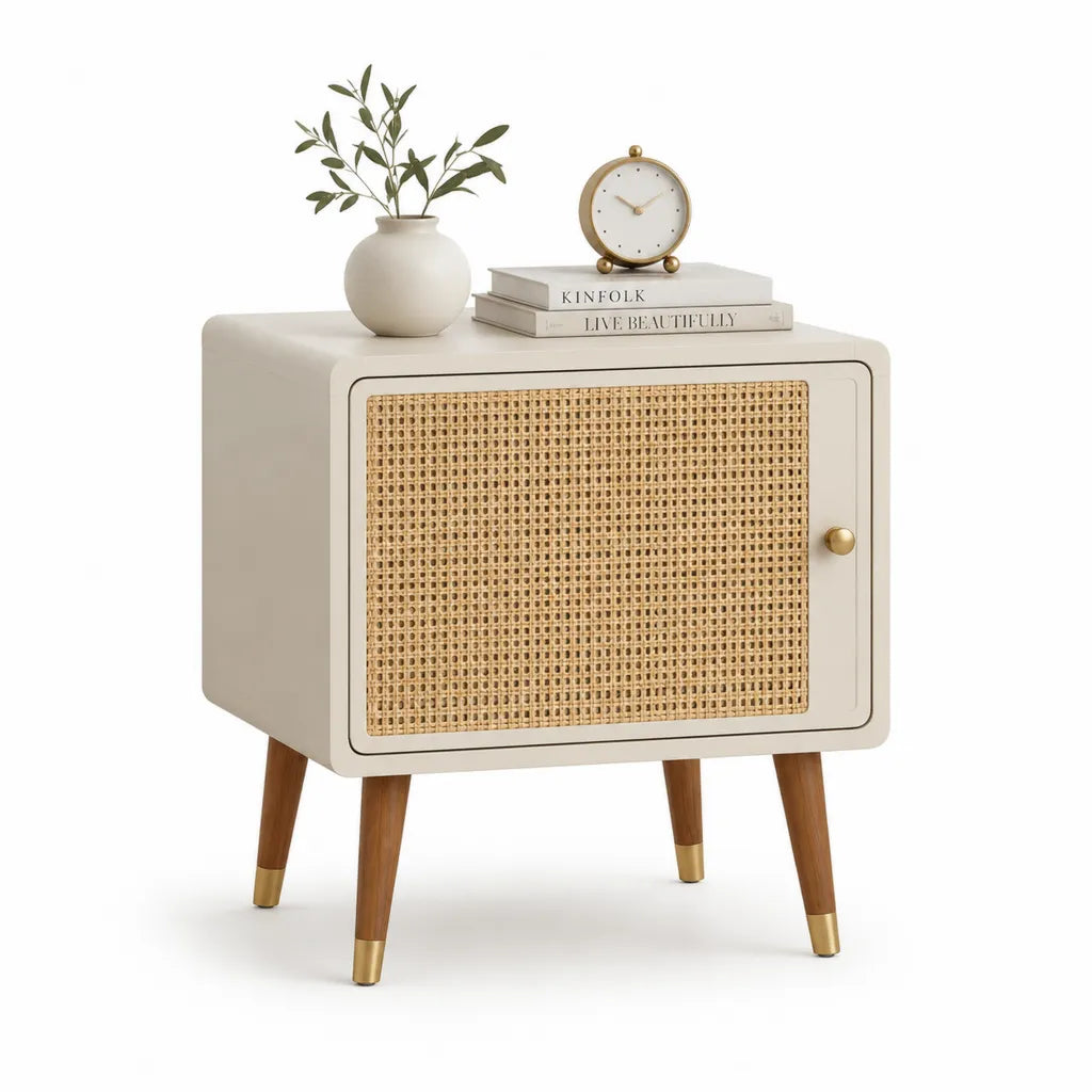 Comodino rettangolare a 1 anta 50 x 40 x 60 cm in MDF laccato e rattan crema naturale