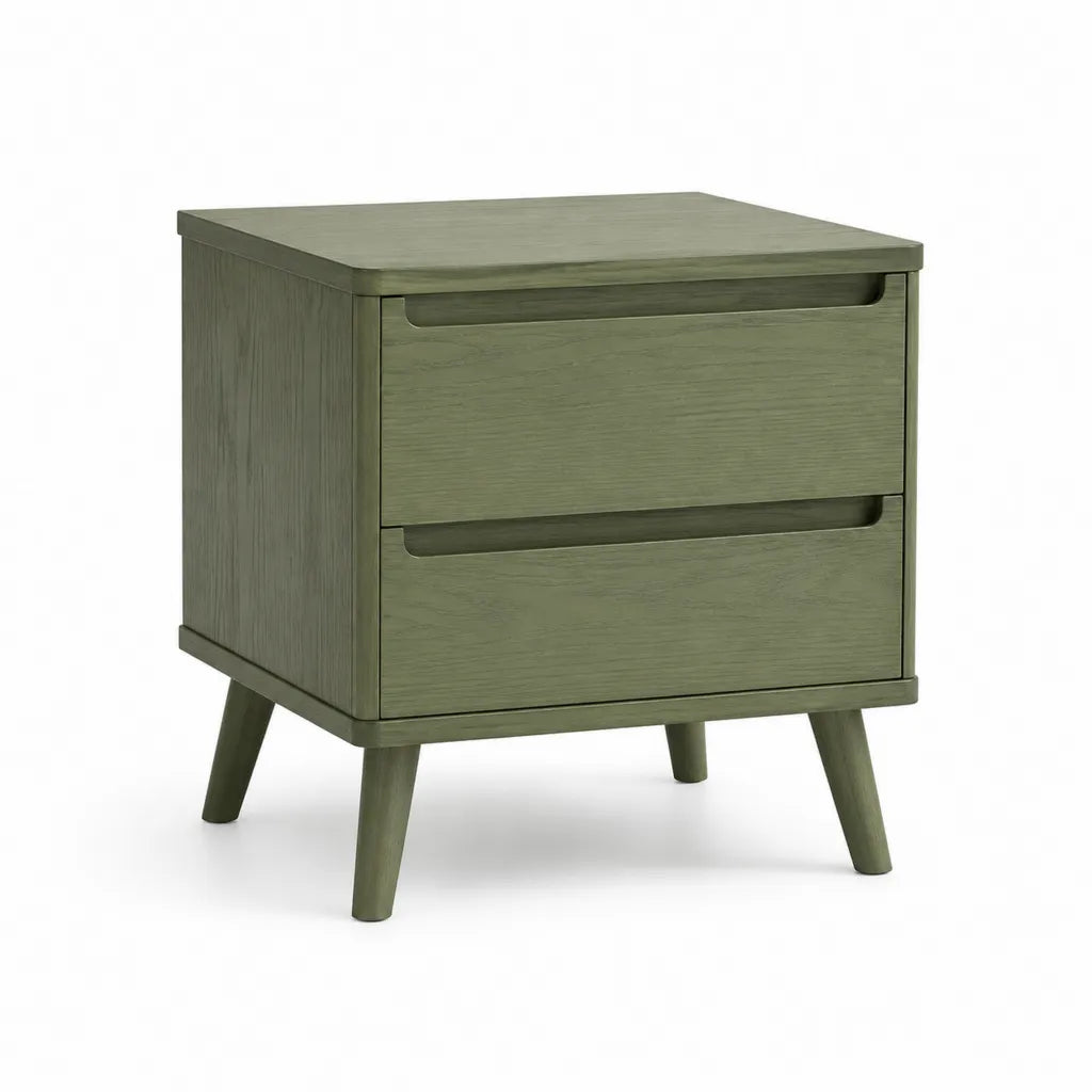 Comodino 2 cassetti rettangolare in MDF impiallacciato verde oliva 50 x 40 x 55 cm