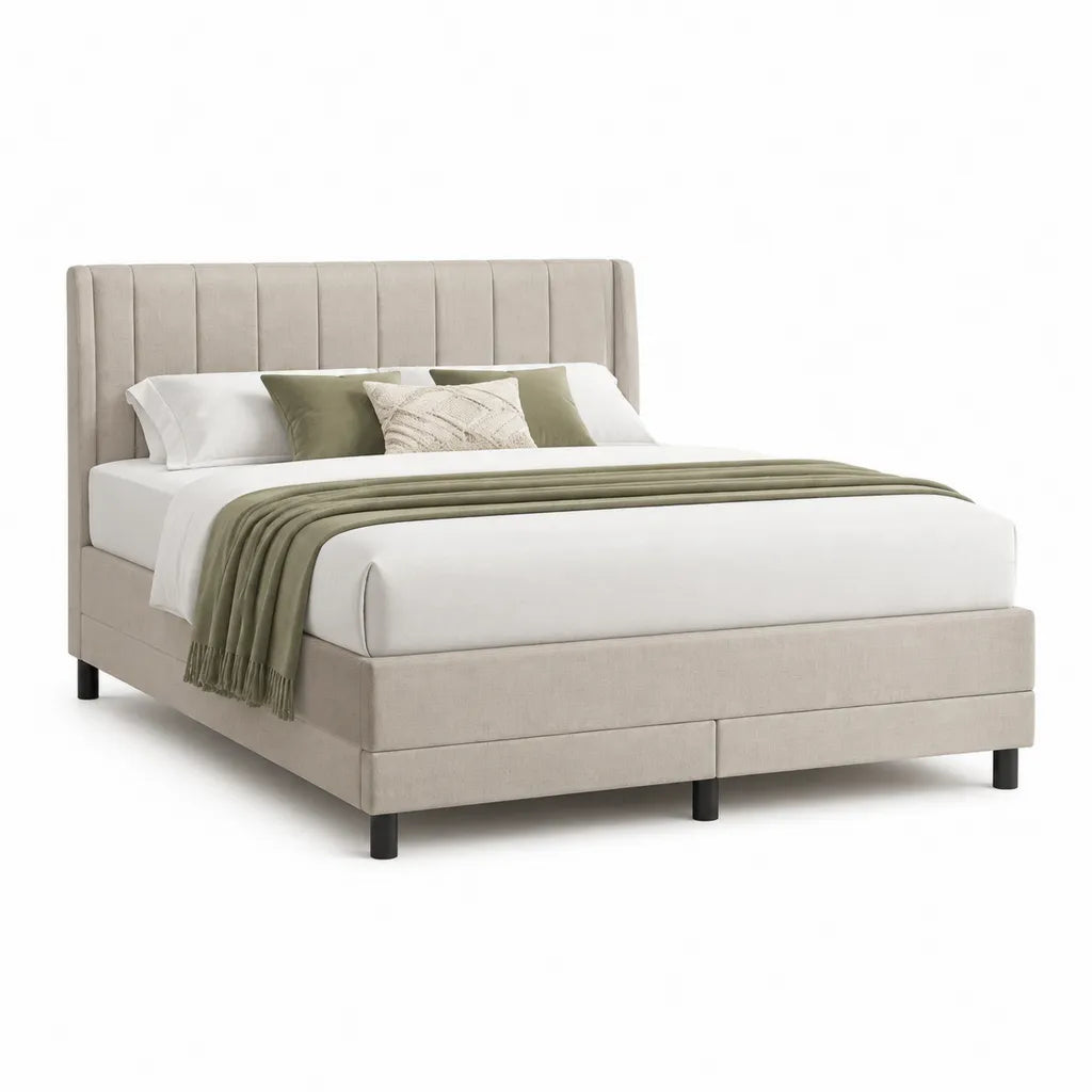 Letto matrimoniale imbottito 160 x 200 cm con testiera rettangolare in poliestere beige
