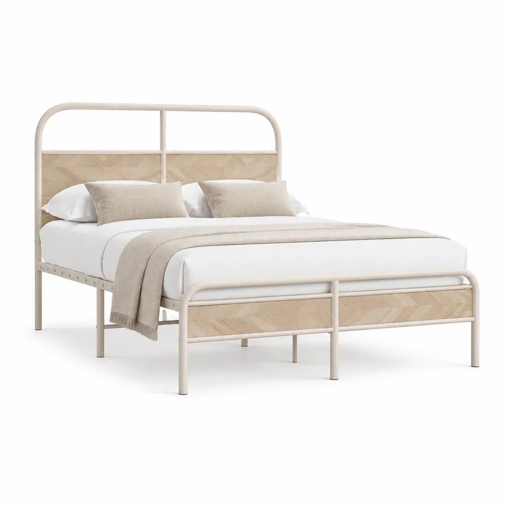 Letto matrimoniale 160 x 200 cm in acciaio e MDF rettangolare crema e rovere chiaro