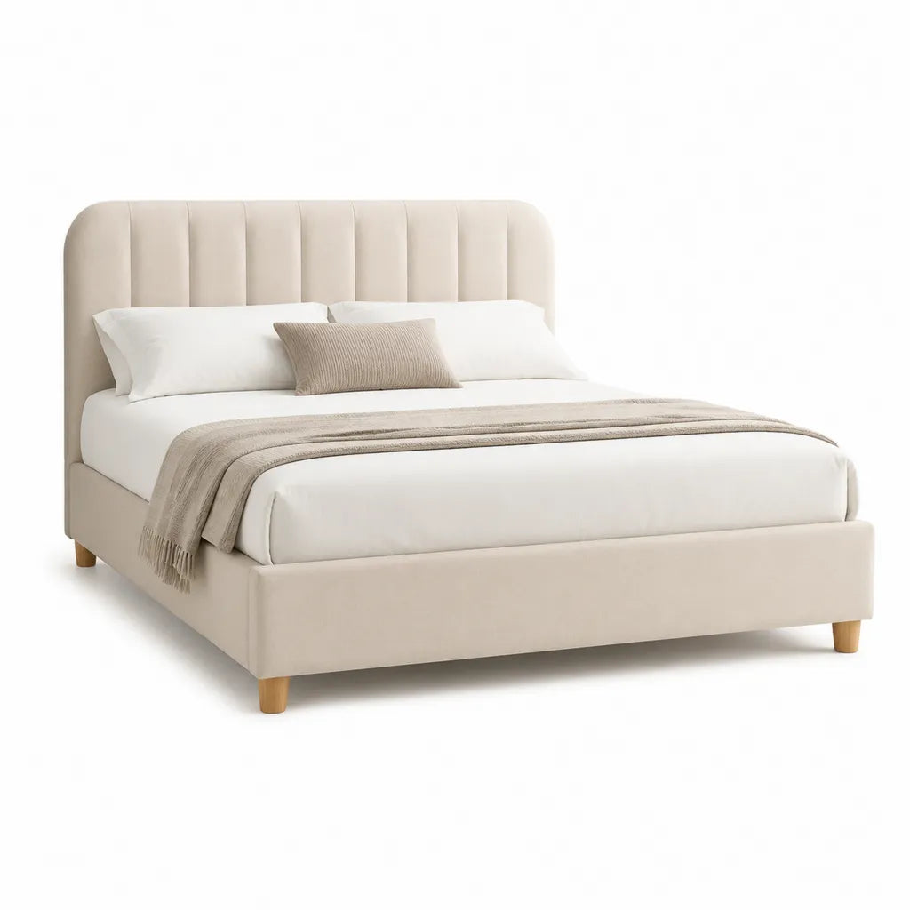 Letto matrimoniale imbottito 160 x 200 cm in poliestere crema con testiera arrotondata
