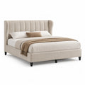 Letto matrimoniale 160 x 200 cm imbottito con testiera sagomata in poliestere beige