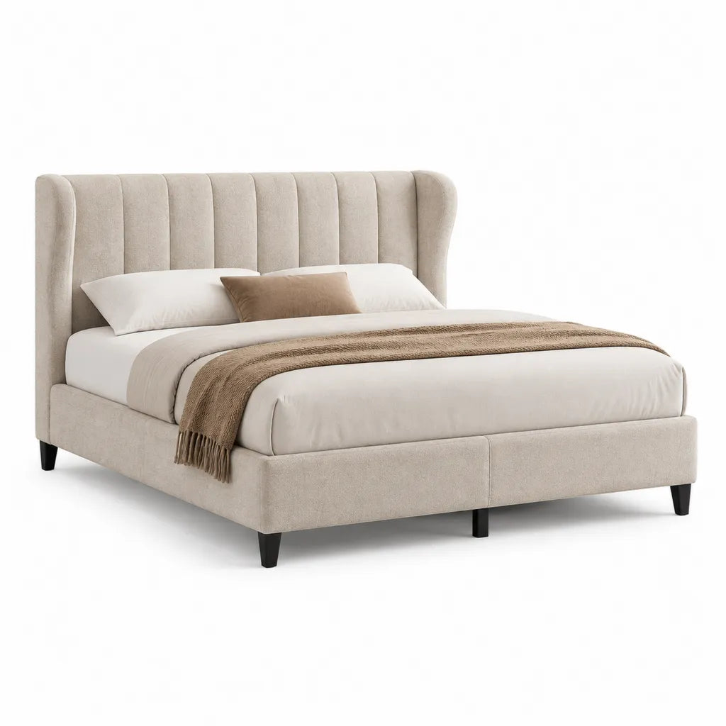 Letto matrimoniale 160 x 200 cm imbottito con testiera sagomata in poliestere beige